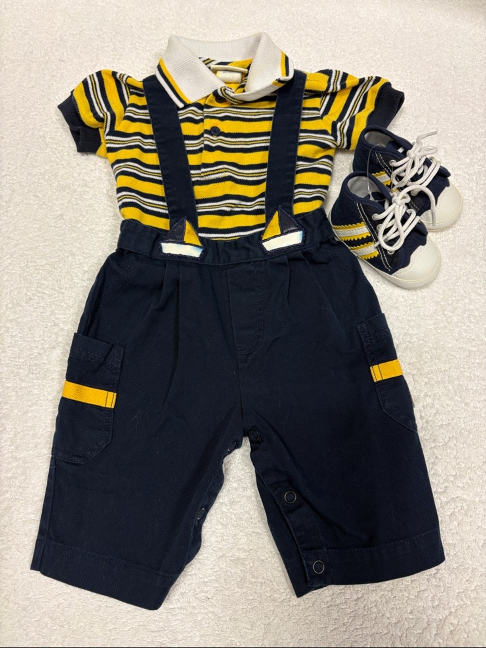 Baby togs vintage Navy Yellow Striped overall sailboat Romper sneaker Set 3/6m